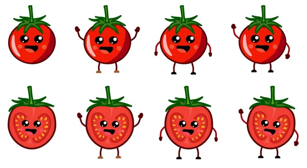 Cute Kawaii Style Tomato Vegetable Icon Smiling Whole Cross Cut — Stock Vector