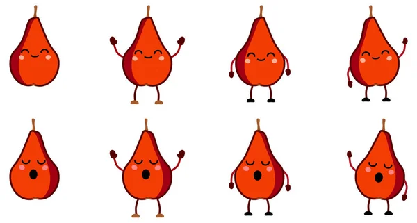 可爱的卡瓦风格的红色梨果图标 眼睛闭上 手举高 挥手的版本 — 图库矢量图片