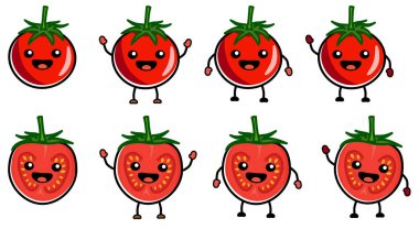 Şirin kawaii tarzı domates ikonu, bütün ya da yarı yarıya. Eller havada, aşağı ve el sallayan versiyonu.