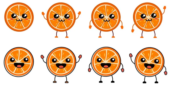 stock vector Cute kawaii style orange fruit icon - citrus cut in half, smiling. Version with hands raised, down and waving.