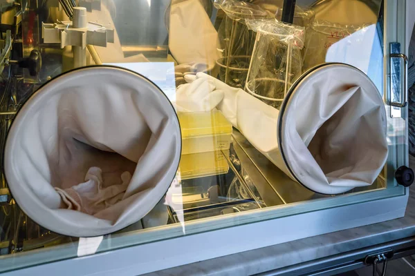 stock image Rubber isolated holes with gloves for hands at end - glass research box for handling toxic or dangerous hazmat items