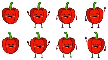 Şirin kawaii tarzı kırmızı dolmalık biber ikonu, gözleri kapalı, ağzı açık. Eller havada, aşağı ve el sallayan versiyonu