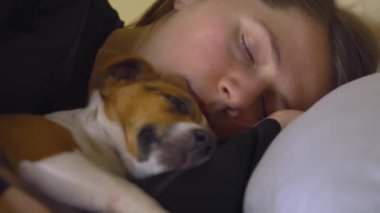 Genç bir kadın küçük bir köpekle yatıyor, yanında sarılıyor, kafasında ve yastığında detaylar var.