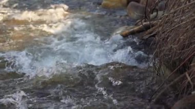 Güneşli bir günde kayaların üzerinden akan nehir, detayı kapat, hızlı beyaz su, yavaş çekim videosu