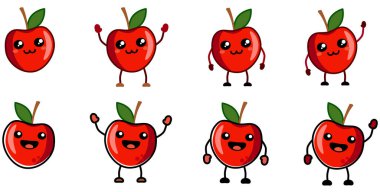 Şirin kawaii tarzı kırmızı elma meyvesi ikonu, gülümsüyor. Eller havada, aşağı ve el sallayan versiyonu