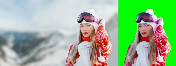 赤い冬のプルオーバー 白い帽子とスキーゴーグル ぼやけた雪の国の背景 左側のテキストのためのフリースペース 緑の背景に隔離された選択が含まれています — ストック写真