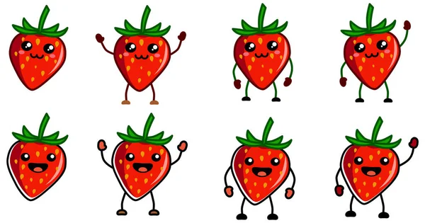 可爱的卡瓦伊风格草莓图标 手举高 挥手的版本 — 图库矢量图片