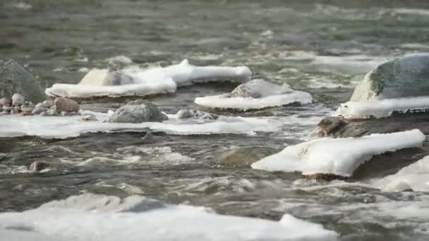Zimní Řeka Tekoucí Sněhu Ledu Pokrytých Kamenů Detailní Záběr — Stock video
