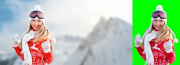Молодая Женщина Носить Красный Зимний Пуловер Белая Шляпа Лыжные Очки — стоковое фото