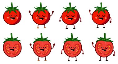 Şirin kawaii tarzı kırmızı domates ikonu, bütün ve yarı yarıya. Eller havada, aşağı ve el sallayan versiyonu