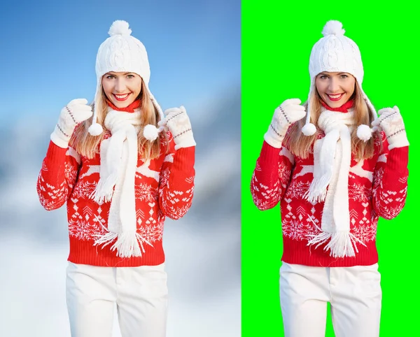 若い女性は赤い冬のプルオーバーを着て 白い帽子 手を上げ ぼやけた雪の国の背景 緑の背景に孤立した選択が含まれています — ストック写真