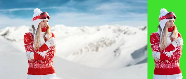 Молодая Женщина Красной Зимней Пуловер Белая Шляпа Лыжные Очки Глядя — стоковое фото