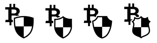Icono Bitcoin Detrás Escudo Diferentes Versiones Criptomoneda Protección Concepto Seguridad — Vector de stock