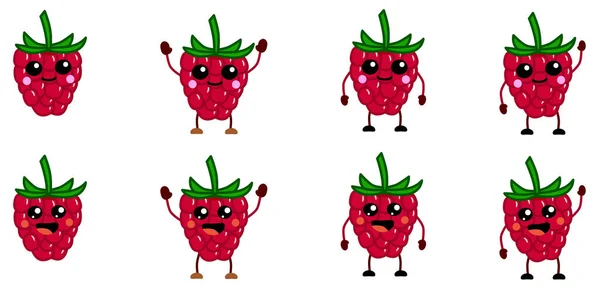 Lindo Kawaii Estilo Frambuesa Icono Fruta Ojos Grandes Sonriendo Versión — Archivo Imágenes Vectoriales