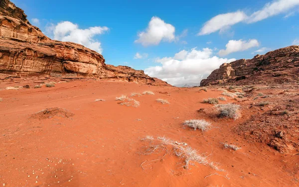 Červený Oranžový Pískovec Skalní Útvary Malými Keři Rostoucí Popředí Wadi — Stock fotografie