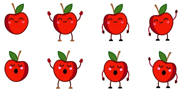 stock vector Cute kawaii style red apple fruit icon, eyes closed, smiling. Version with hands raised, down and waving