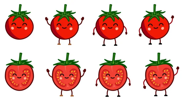 可爱的卡瓦风格的西红柿图标 整个和半身版本举手表决 下降和挥手 — 图库矢量图片