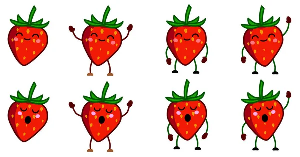 可爱的卡瓦伊风格草莓图标 眼睛闭上 微笑着 手举高 挥手的版本 — 图库矢量图片