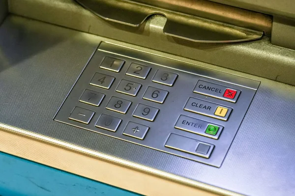 stock image Steel ATM keypad, buttons worn out slightly, closeup detail