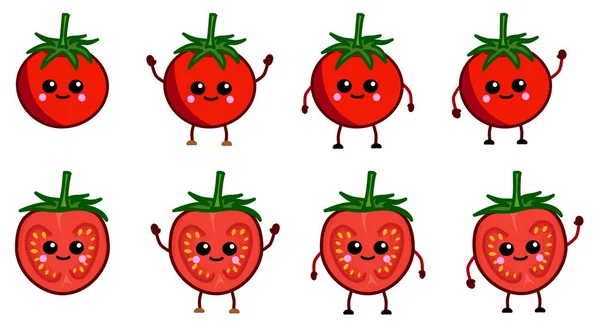 可爱的卡瓦风格的西红柿图标 完整的和切片 手举高 挥手的版本 — 图库矢量图片