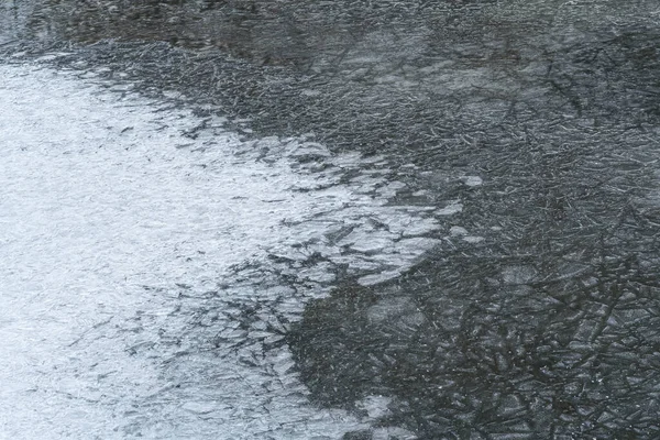 Small River Creek Covered White Dark Ice Winter Closeup Detail — Stock Photo, Image
