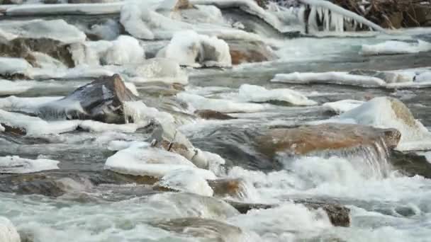 Zimowa Rzeka Płynąca Pobliżu Śniegu Pokrytej Lodem Kaskady Kamiennej Szczegóły — Wideo stockowe