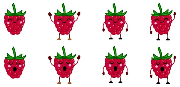 可爱的卡瓦伊风格的覆盆子水果图标 手举高 挥手的版本 — 图库矢量图片