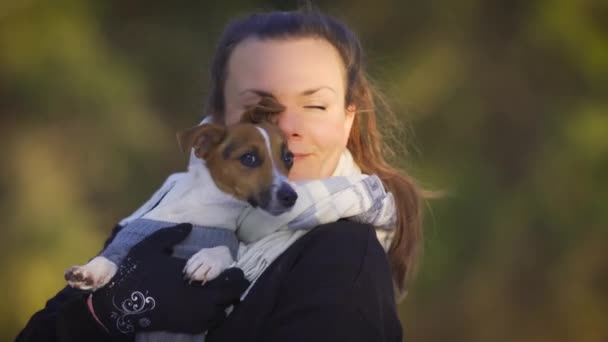 Young Woman Winter Jacket Holding Her Jack Russell Terrier Hands — Stok video