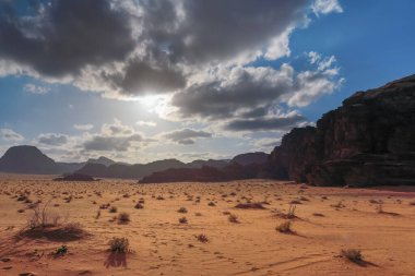 Wadi Rum Çölü, güneş bulutlu gökyüzünde parlıyor kırmızı toz ve kayaların üzerinde, önplanda birkaç küçük kuru çalı.