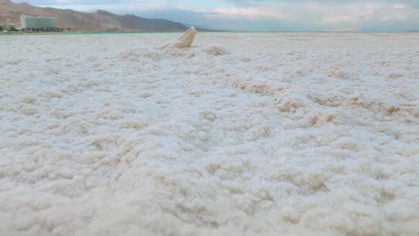Spaziergang Salzigen Sandstrand Des Toten Meeres Kleiner Plastikstuhl Komplett Mit — Stockvideo