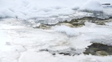 Donmuş nehirde beyaz buz ve kar, makro detay yakın çekim, su aşağıda akıyor - kış arkaplanı
