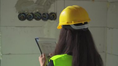 Yüksek görüş mesafesi olan yeşil yelek ve sarı kask giyen genç kadın inşaat işçisi veya mühendis yeni inşa edilen evdeki elektrik tesisatını kontrol etmek için kontrol paneline gidiyor.