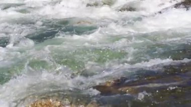 Sığ nehirde kayaların üzerinden akan su beyaz dalgalar oluşturur, yavaş çekim videosu