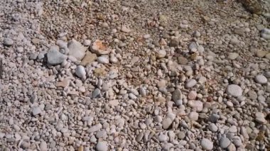 Güneş, Yunanistan 'ın Korfu kentindeki Limni plajında küçük çakıl taşlarına parlıyor. Burada deniz kristal kadar berrak.