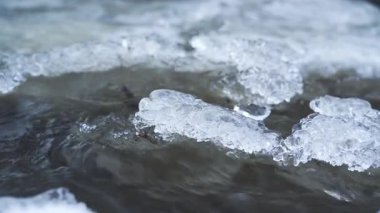 Donmuş nehirdeki buz, yakın çekim makro detayı, karanlık su aşağıdan akıyor.