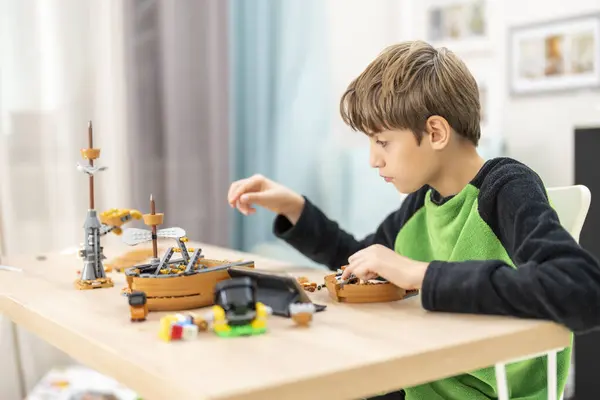 Cute Boy Playing Alone Kindergarten Construction Toy — Stock Photo, Image
