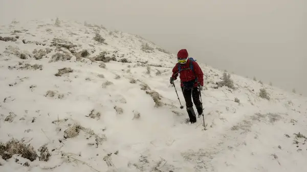 Sportovní Žena Užívá Zimní Turistiku Zasněžených Horách Kruté Počasí — Stock fotografie