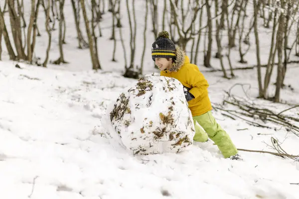 Милий Хлопчик Намагається Зробити Сніговика — стокове фото