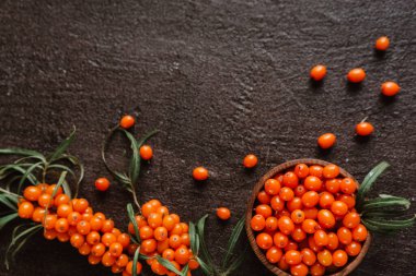Taze deniz dikenli üzümleri siyah arka planda baharatlı çayı iyileştirmek için metin, harf veya reklam için 1