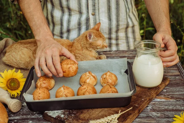 freshly baked pies in the hands of a man, buns on a baking sheet with milk on a brown wooden background, a red-haired cat near the baker