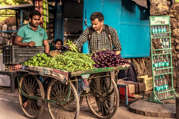 Ришикеш 2017 Индийские Мужчины Продают Овощи Баклажаны Перец Тележке Уличном — стоковое фото