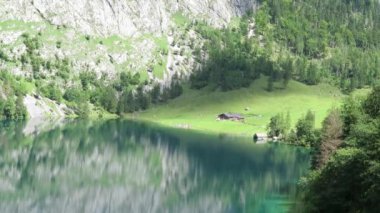 Obersee Gölü, Berchtesgaden, Bavyera, Almanya. Doğa manzarası, ulusal park rezervi. Alps Dağı ve Obersee Gölü 'nün muhteşem manzarası. Konigsee Panoraması