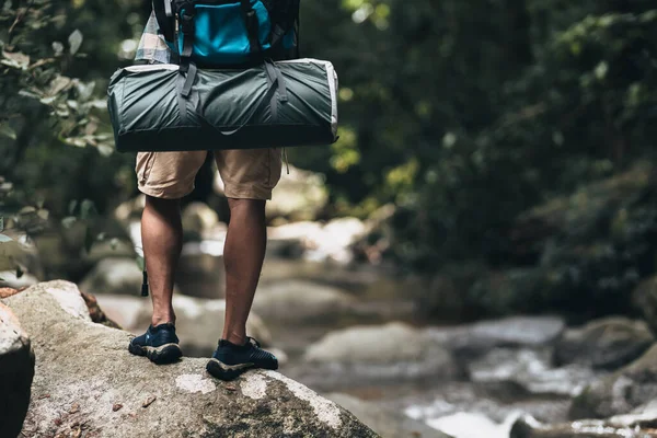 stock image Hikers use trekking pole with backpacks standing on the rock  through in the forest. hiking and adventure concept.