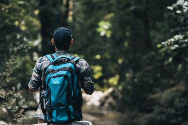 Hikers read map with backpacks on the road in the forest. hiking and adventure concept.