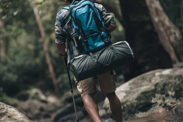Hikers Use Trekking Pole Backpacks Walking Rock Water Stream Forest — Stock Photo, Image