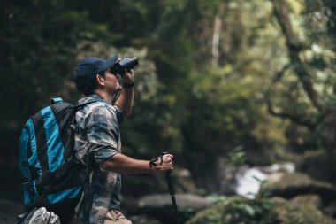 Yürüyüşçüler hayvanları görmek için dürbün kullanır ve ormanda sırt çantalı manzarayı görürler. yürüyüş ve macera konsepti.