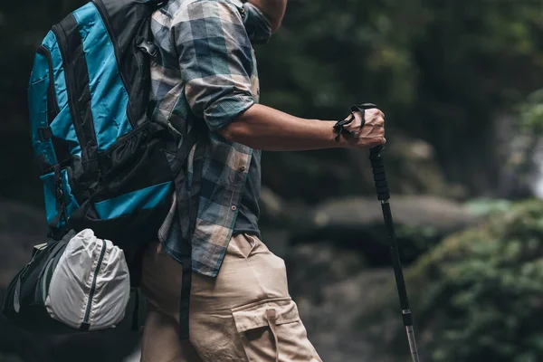 Hikers Use Trekking Pole Backpacks Standing Rock Forest Hiking Adventure — Stock Photo, Image