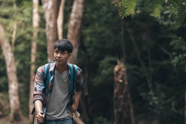 Yürüyüşçüler sırt çantalı yürüyüş direğini kullanır ve ormanda yürürken çadır çantasını tutarlar. yürüyüş ve macera konsepti.