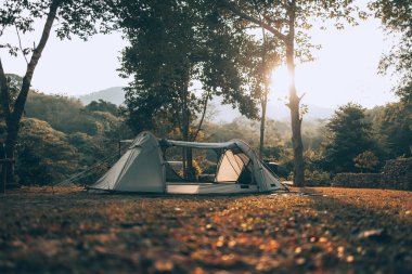 Ormandaki çimlerin üzerindeki gri çadır Arkadaki manzara sabahları dağdır. Kamp, seyahat ve tatil konsepti.