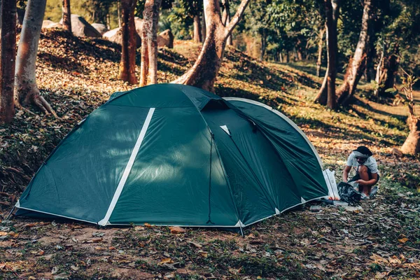 Ormandaki çimlerin üzerinde yeşil çadır Arkadaki manzara sabahları dağdır. Kamp, seyahat ve tatil konsepti.